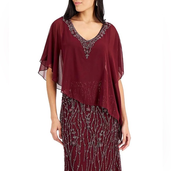 Women’s Formal Dress Size 18 J Kara Womens Burgundy Lined Overlay Cape Gown NEW - Picture 4 of 12